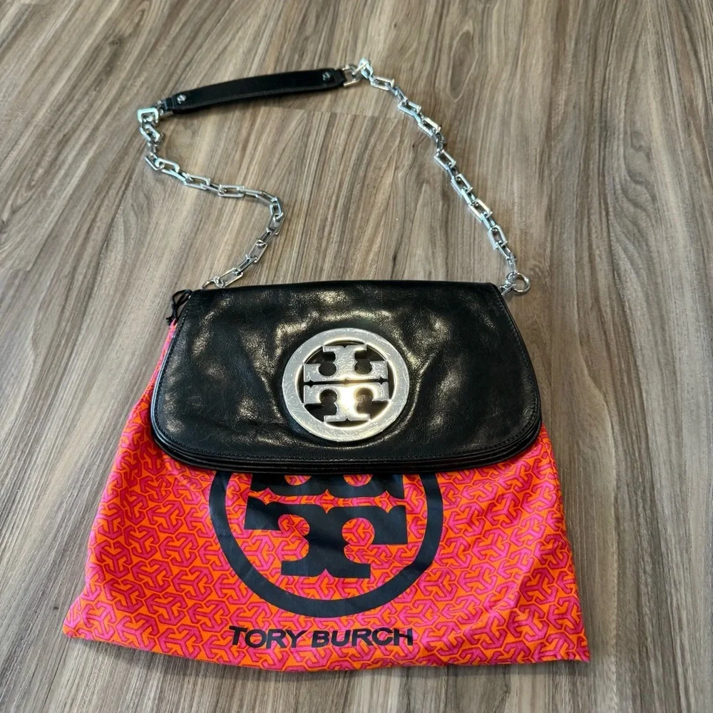 Tory Burch Black Leather Crossbody with Silver Logo and Chain